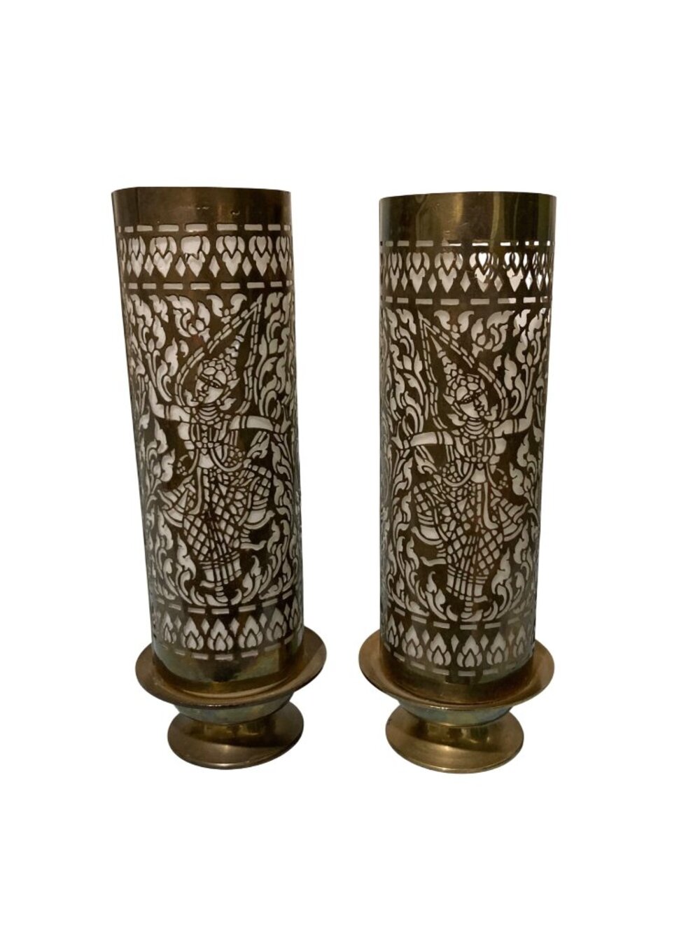 Vintage Brass And Glass Thai Siam Dancers Cut Out Luminary Candle Holders Set 2